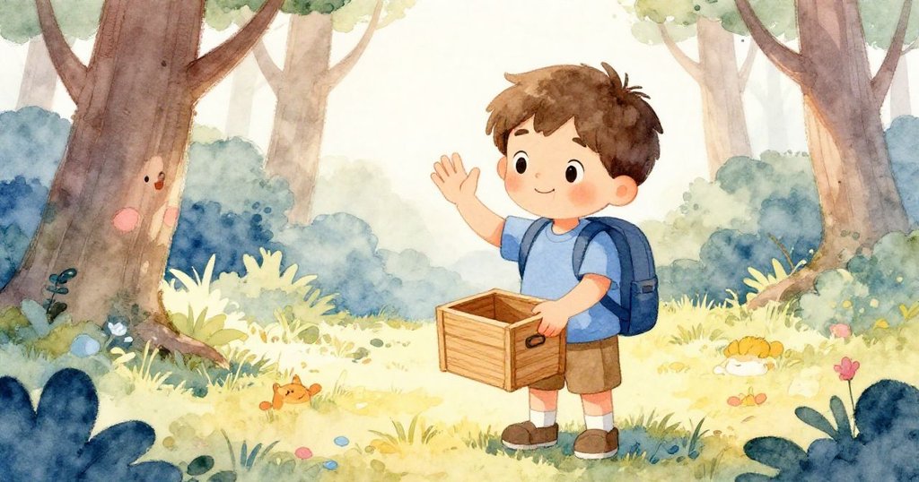 Owen將發掘的木盒收入背包，微笑揮手告別森林，溫暖光影中展現探險滿足感，故事圓滿完結。