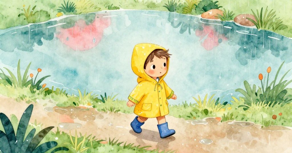 查理冒雨走向池塘, 濕潤草地與閃爍水面映出自然美景, 他滿懷期待地邁向冒險的開始。