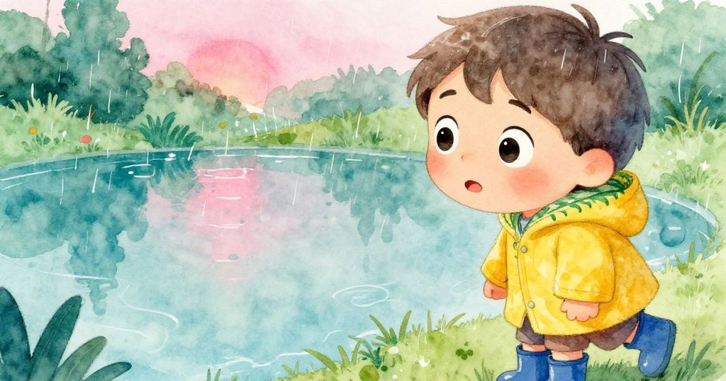 查理凝視池水尋找小龜, 眼中流露出好奇與期待, 細膩雨滴映襯著他的專注神情, 展現探索情懷。