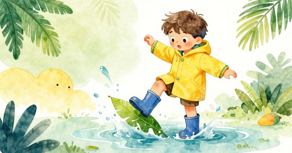 查理踩上漂浮的亮葉, 激起小水花, 池塘邊的雨中場景充滿活力, 展現動感與自然奇趣。