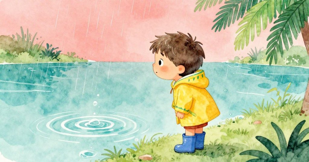 查理站在池邊, 雨勢漸輕, 安靜凝望水面上跳動的泡泡與微波, 臉上流露著平和與好奇。