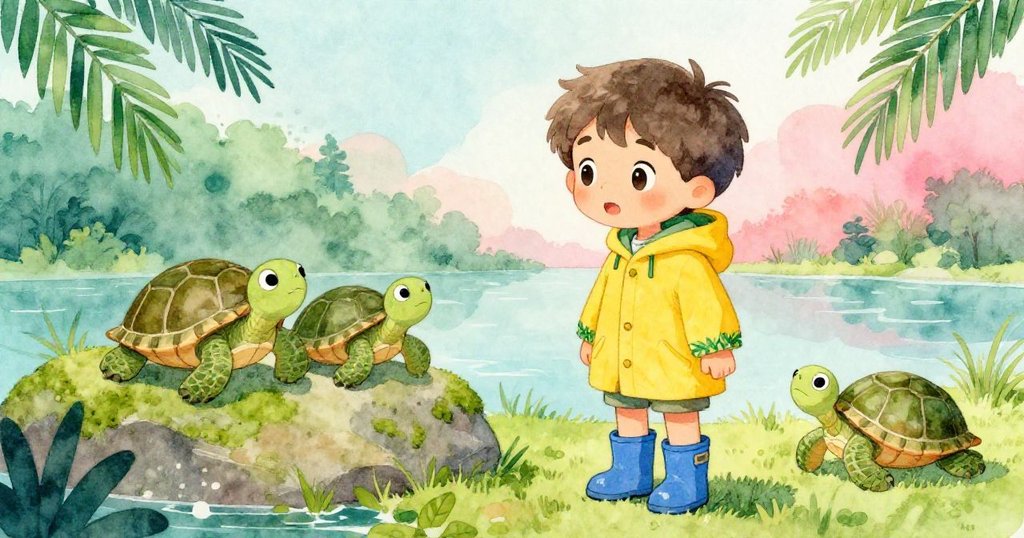 查理與兩隻小龜在苔蘚岩旁互動, 龜兒輕眨眼示好, 彼此間流露著溫馨喜悅, 自然氛圍濃厚。