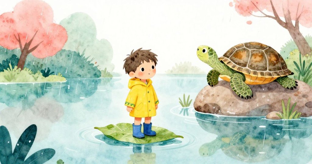 查理靜立於葉上, 旁邊大龜依岩安眠, 池塘恢復平靜, 最終展現雨後和諧與寧靜的結局。