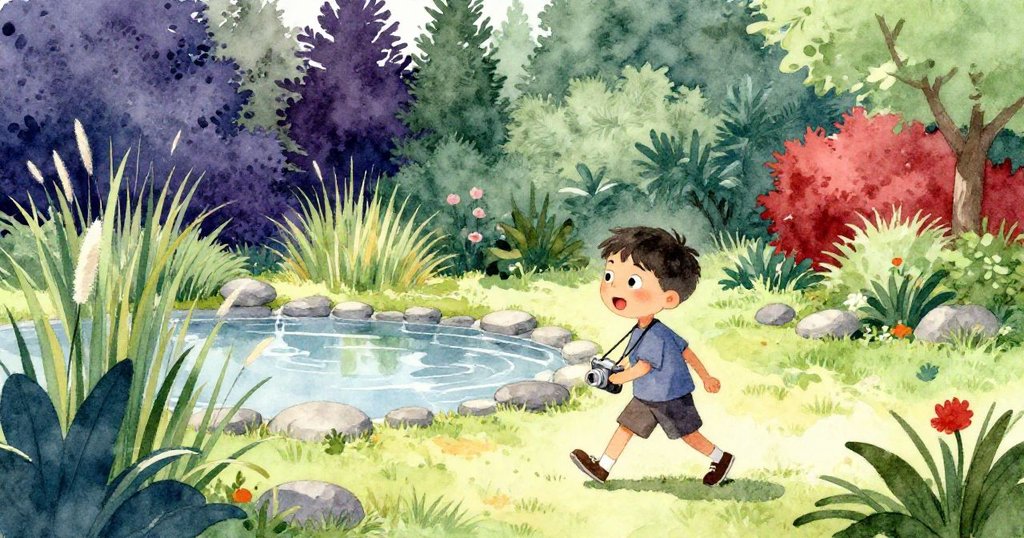 Ben興奮揹著相機在花園前行,陽光照耀池塘與蘆葦,充滿期待,開始探險的序幕。