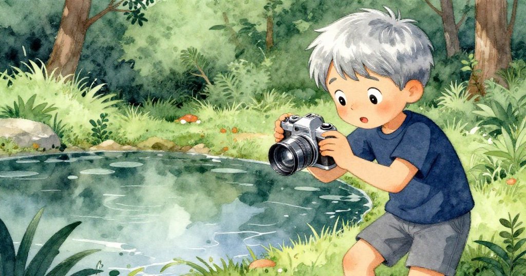 Ben專注調整相機焦距,手指靈巧操作,背景朦朧露出池塘,展現創作準備階段。