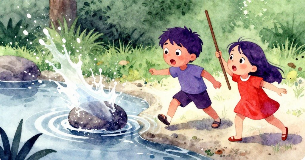 池塘邊石子滾動引發水花,Ben和妹妹驚訝跳退,動感瞬間展現情節轉捩點。