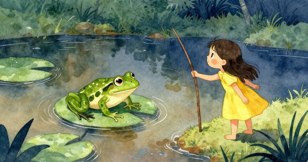 從高處俯瞰池塘,睡蓮葉上青蛙悄然攀登,妹妹手持棍子靜觀,場景恢復寧靜。