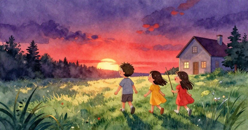 夕陽映照下,Ben和妹妹臉上洋溢著喜悅,沿青草路邁向家的溫暖旅途,結束一天冒險。