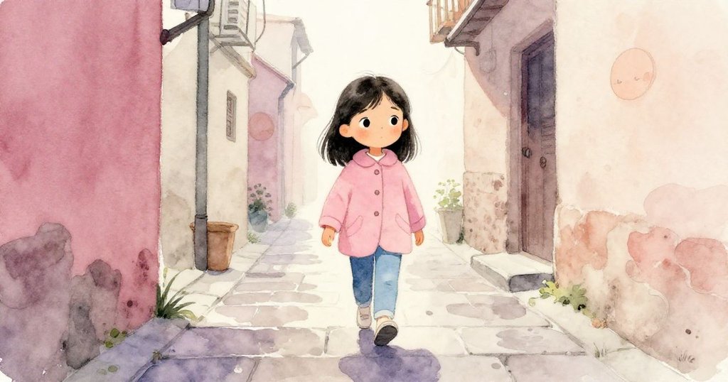 Mira走進雨後濕滑小巷，從小貓視角看見她謹慎踏上石階，神情中透露緊張與堅定。