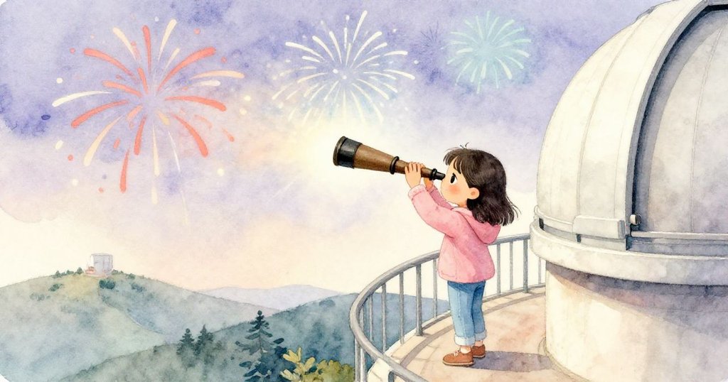 Mira站在山頂觀星台邊緣安放望遠鏡，背景煙火餘暉映襯寂靜殿堂，表情專注而自信。