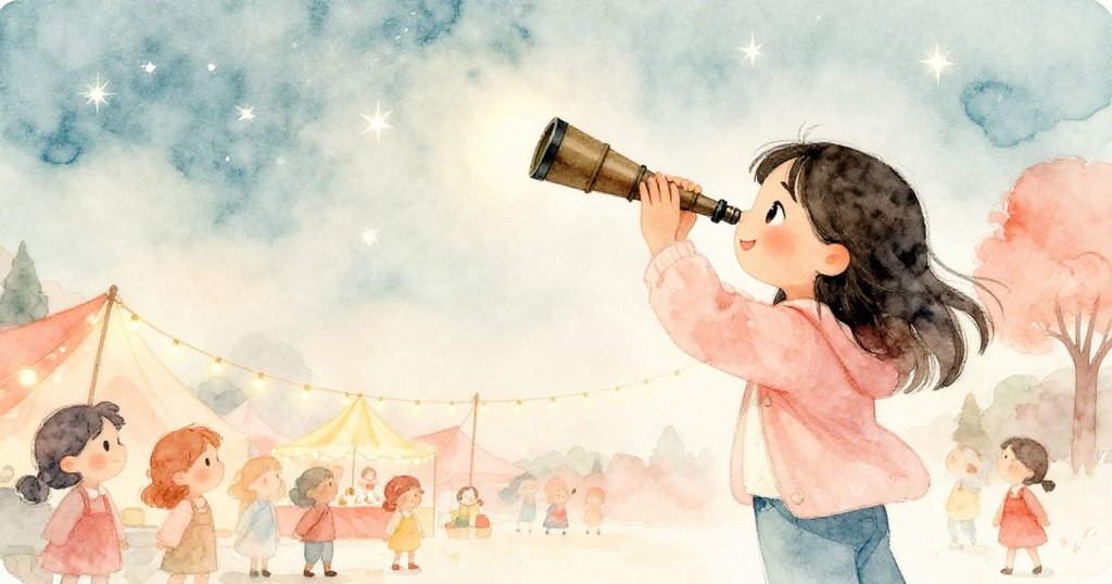 Mira面帶微笑望向遠方星空，市集燈火重現，她堅定注視望遠鏡，迎向充滿希望的新天地。