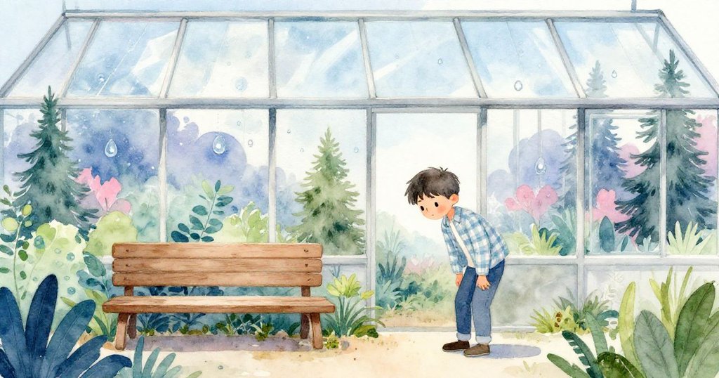 Evan在溫室內彎腰整理種子，雨滴打在玻璃屋頂，環境清新寧靜，面容專注且充滿期待。