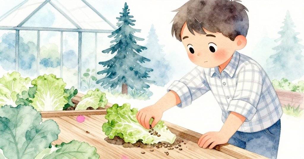 Evan伸手拾起散落的生菜種子，動作細膩且充滿希望，背景是柔和溫室內的細節。