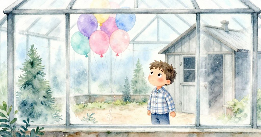 Evan透過霧化窗戶凝望鄰室中彩線與氣球的準備，場景過渡中隱含驚喜，氛圍神秘而期待。