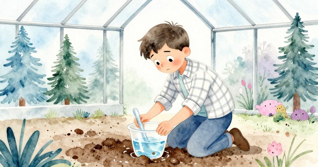 Evan跪於溫室內，專心用水調理硬土，臉上流露出專注及些許焦慮，外面隱約傳來腳步聲。