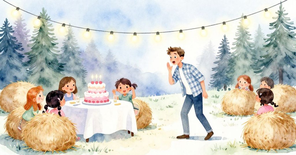 Evan推門而出驚見溫室外派對，彩燈、蛋糕及朋友圍繞，臉上滿是驚喜與歡笑，氛圍溫馨慶祝。