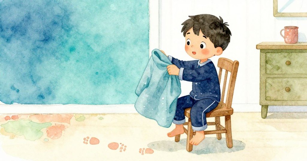 Leo仔細將柔軟外套鋪於椅上，腳步印在木地板上，神情專注且溫馨。