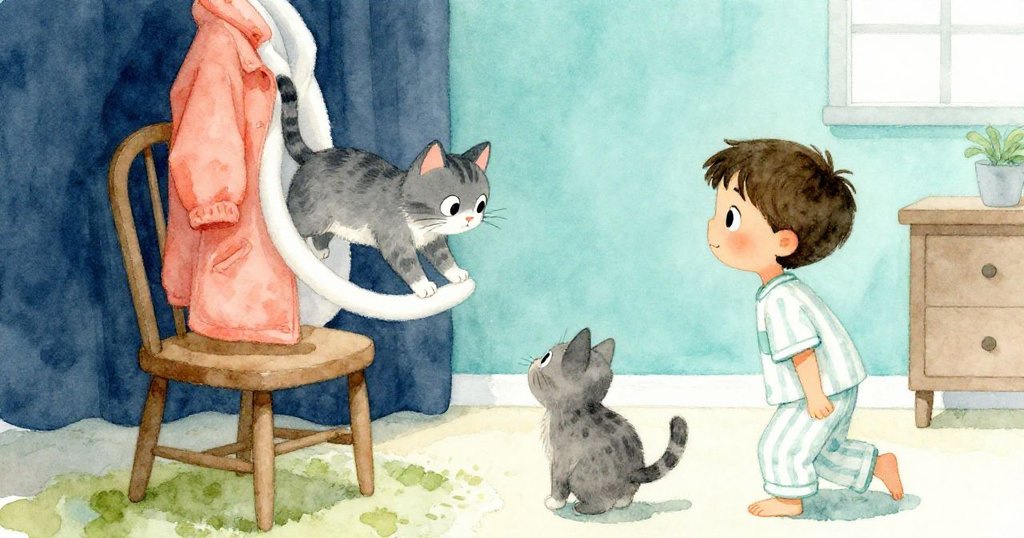 灰貓跳上椅子，圍繞柔軟外套轉圈，Leo驚喜注視，光線溫柔室內充滿溫馨。