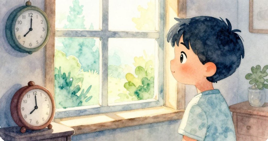 室內陽光透過窗灑落，時鐘滴答輕響，Leo凝望窗外景致，情緒沉思且溫馨。