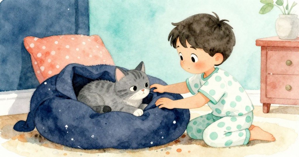 Leo發現午睡處被佔，溫柔拍打貓咪並調整外套，神情略帶無奈卻充滿愛意。