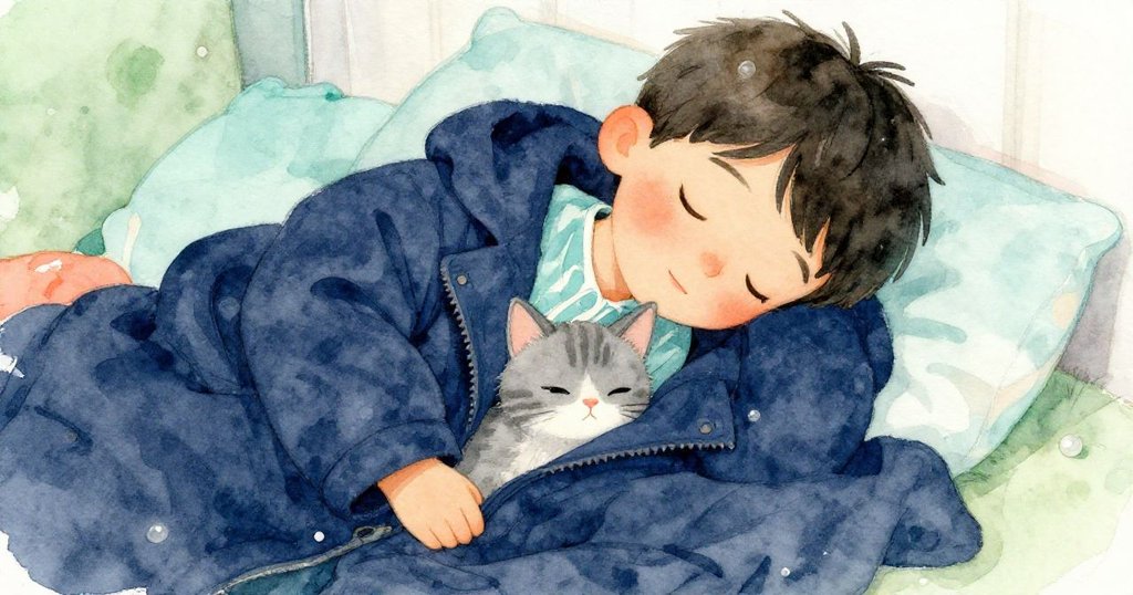 Leo安然入睡，貓咪依偎於外套窩中，臉上與貓眼皆充滿平靜與溫馨，共享寧靜午後。