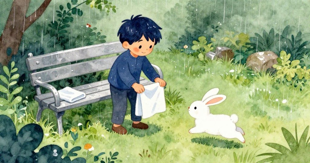 米洛在雨後花園的長椅上放置毛巾，白兔活潑跳躍，陽光柔和灑落，展現寧靜開端。