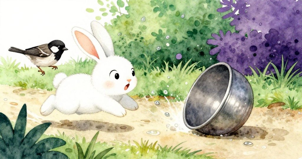一隻麻雀靠近，兔子驚恐躍起，金屬碗在濕潤小徑上快速滾動，展現分畫面中動感與突發情境。