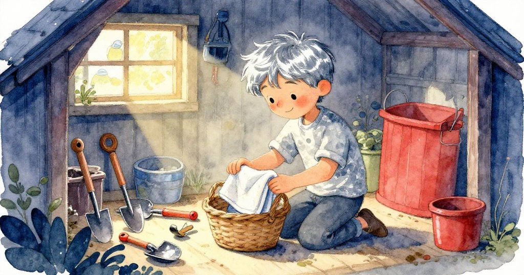 米洛進入小屋整理散落工具，將毛巾小心放入籃中，室內溫暖光線映照出他專注而平靜的神情。