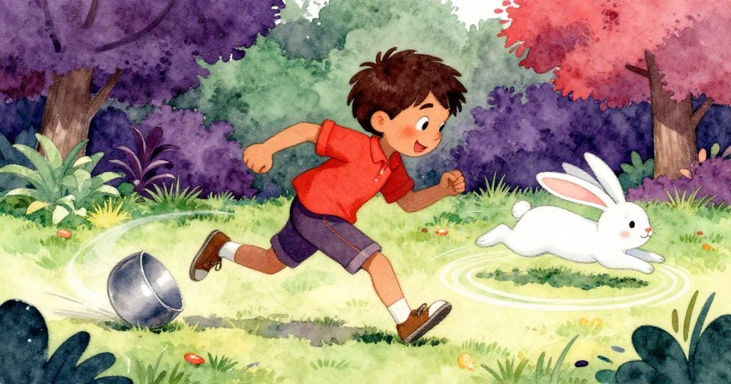 米洛追趕滾動碗子，兔子焦急原地跳躍，戶外花園中散落工具，氣氛緊張而活潑。