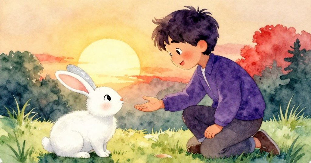 米洛跪下伸手迎接兔子，夕陽金光灑滿花園，柔和光影中展現平靜溫馨的結局。