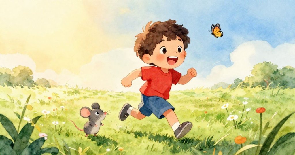 班恩在晨光下奔跑於翠綠草地上，周圍有小鳥、蝴蝶和小老鼠，表情興奮，展現冒險的開始