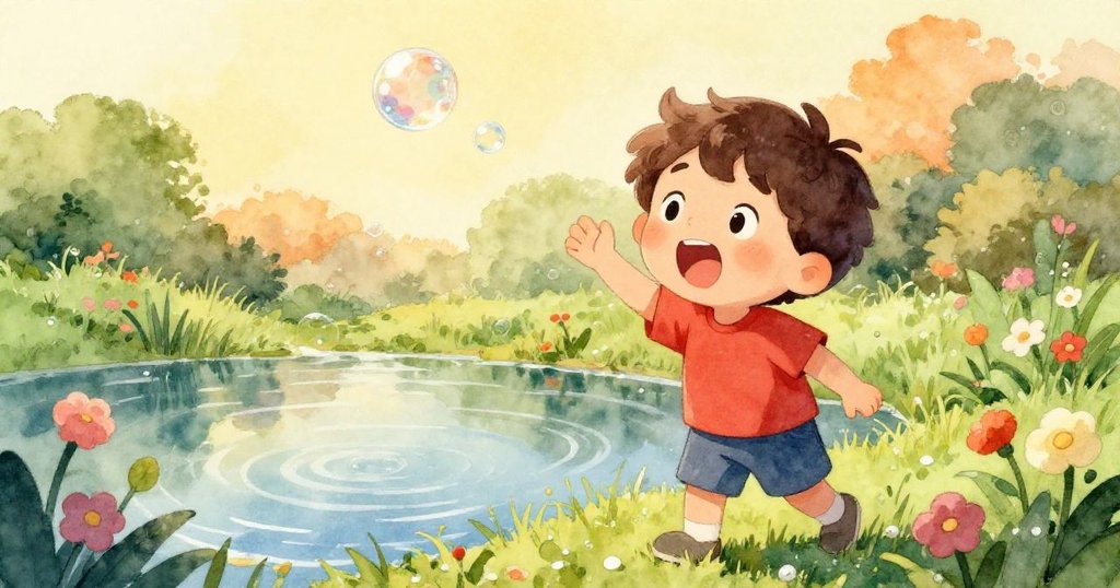 班恩驚奇站在池邊，觀察上升氣泡與漂浮球，花草點綴下展現出晨光與季節融合的夢幻景象