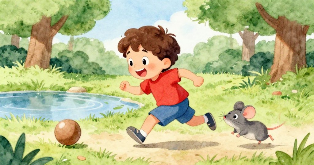 小老鼠在濕草地上快速追逐濕球，班恩焦急注視，動感追逐場面充滿活力與速度感