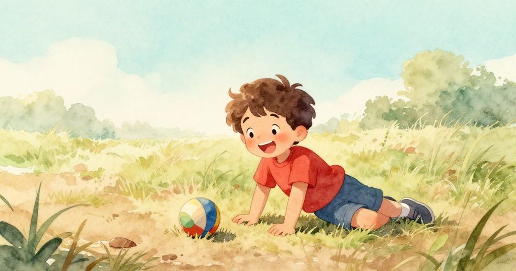 班恩平靜坐在草地上輕柔滾動球，陽光溫暖照耀，結束冒險後滿足寧靜，展現安全與溫馨的結局