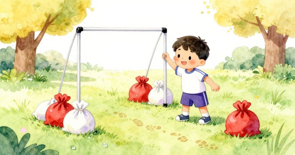 Leo仔細檢查濕潤草地,擺放兩個袋子作為球門,腳下留下清晰足跡,展現專注與期待,練習即將開始。