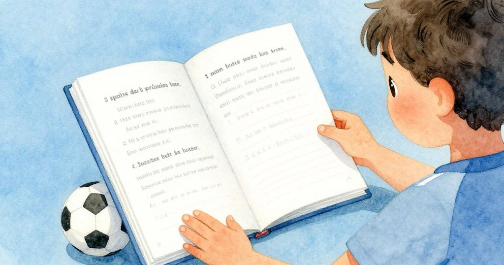 從Leo肩後看出展現打開的筆記本和足球,細節豐富流露準備練習的期待,充滿計劃與專注。