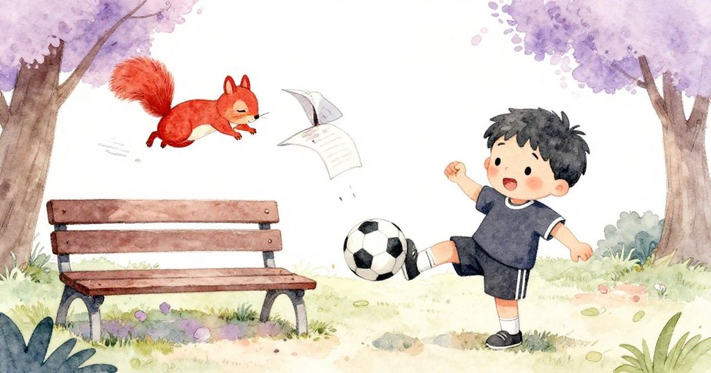Leo踢球時,足球撞到長椅,隱藏的松鼠被驚醒並撕落筆記本一頁紙,營造出驚奇而意外的瞬間。