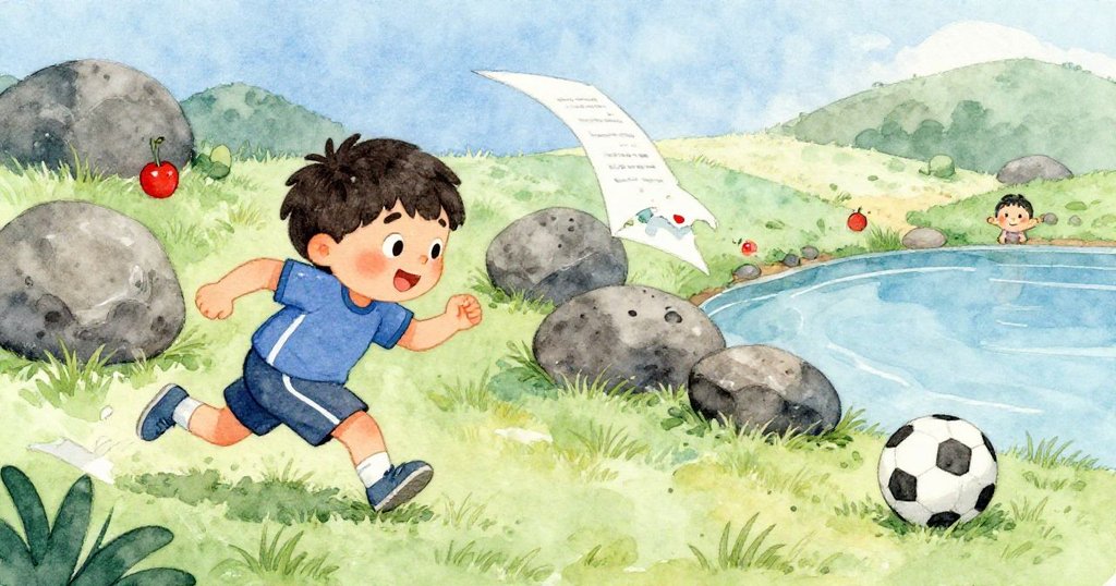 Leo急速追逐被風吹起的紙頁,在濕草地上奔跑,鞋子滑動意外踢動石頭,展現出緊張與決心的瞬間。