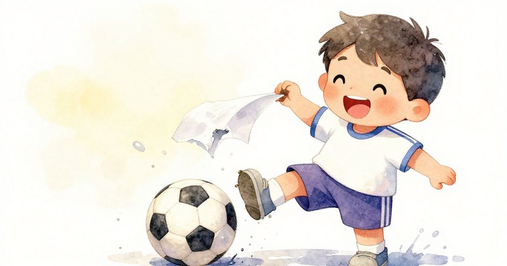 Leo濕鞋泥手卻滿臉笑容,重新放回破紙並輕踢足球,象徵著從失誤中獲得成長與快樂的美好結局。