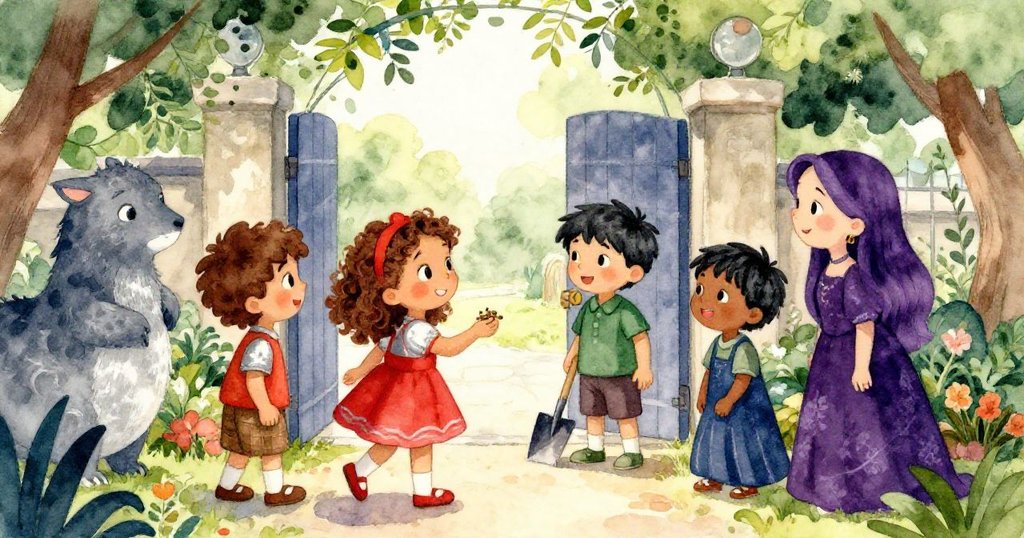 Clara手持小種子在校園花園門前行走，與Leo、Maya及其他孩子互動，表情愉悅，陽光溫暖。