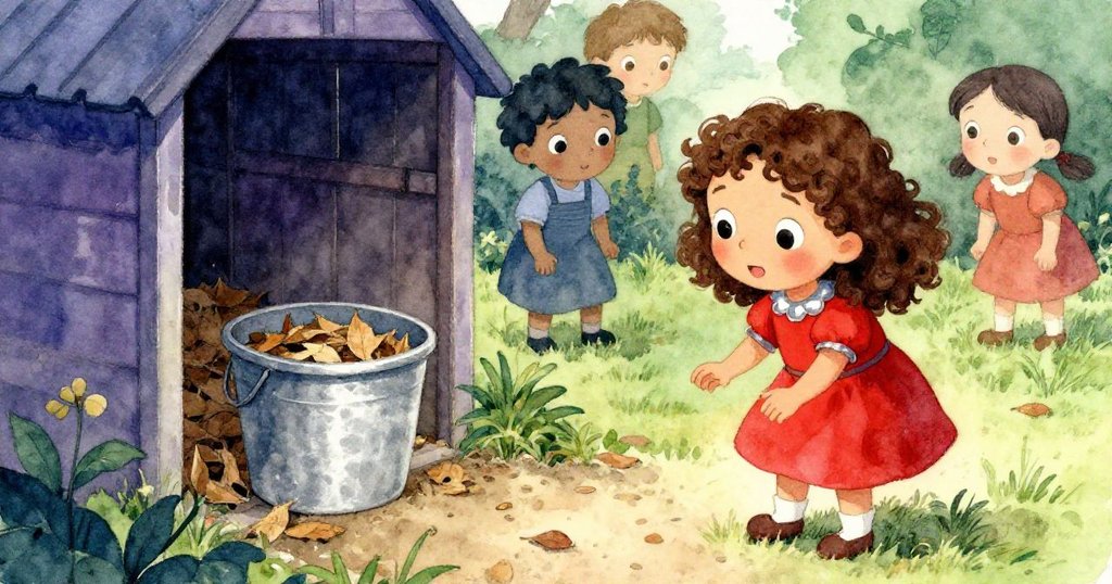 Clara與朋友在棚邊聊天時，小種子從掌心滑落滾入滿乾葉的塑膠箱，葉子隨風輕舞，場景生動。