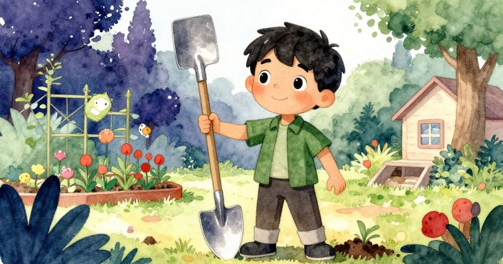 Leo從低角度被仰望，手持鏟子站在花園中，自信領袖形象激發朋友信任。