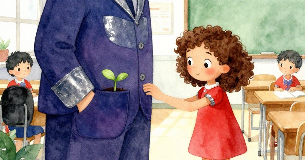 Clara在明亮課室中發現口袋中小種子發芽，表情驚喜而溫柔，背景充滿教室溫馨氛圍。