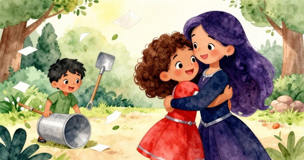 Maya在花園中緊緊擁抱Clara，Leo協助穩住塑膠箱，散落紙張與葉子隨風舞動，大家歡笑滿面。