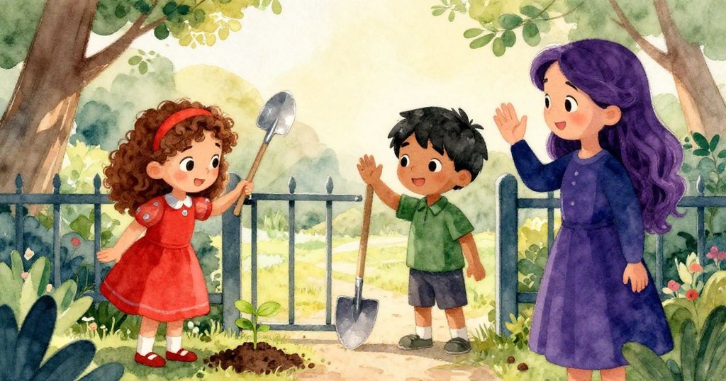 Clara在夕陽餘暉中將幼苗種入軟土後關上花園門，Leo與Maya揮手告別，場景溫馨而寧靜。