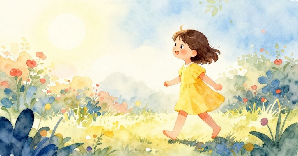 小女孩在晨光中步入花園,剪影映襯著紅花,充滿期待與興奮,迎向新奇冒險的開始