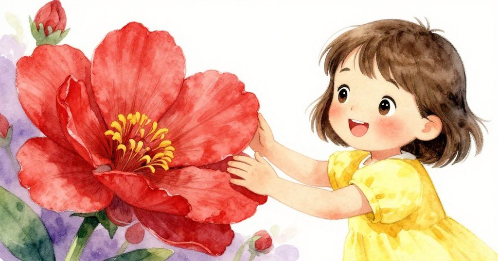 小女孩停下來細看一朵鮮紅花朵,輕觸花瓣感受細膩質感,展現對自然美麗的讚嘆