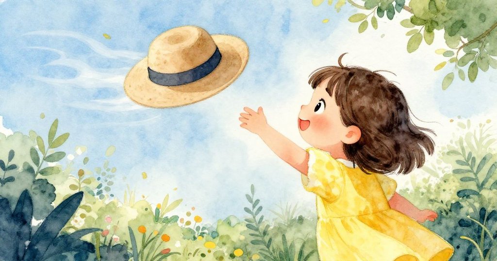 小女孩從背後望著微風捲起帽子,庭園中樹葉隨風飛舞,她臉上流露出驚訝與好奇