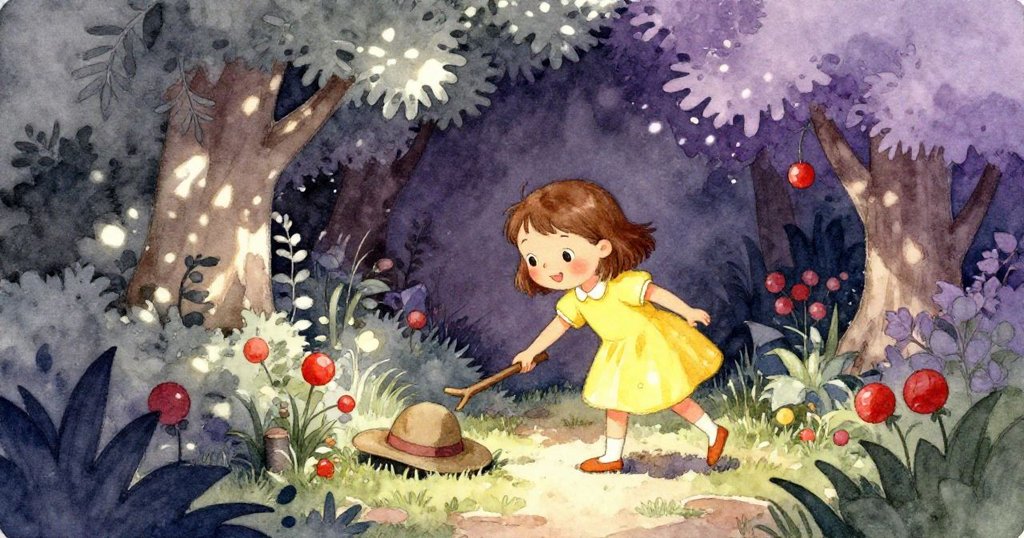 小女孩蹲下用棍子取帽子,帽子安靜地落在茂密灌木下,她眼神專注充滿解謎般的期待