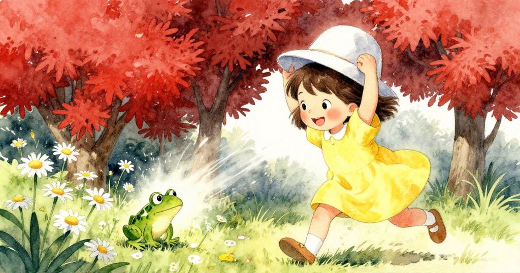 小女孩努力拉動帽子,瞬間揭露出安靜的玩具青蛙和三朵雛菊,她神情專注且充滿驚喜